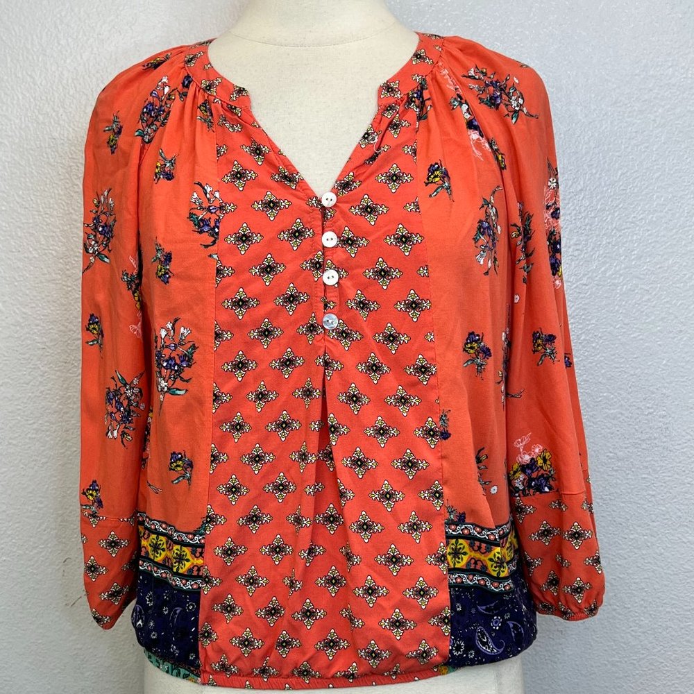 Anthropologie Fig & Flower Boho Hippie Peasant Floral Orange/Coral Top‎ No Size